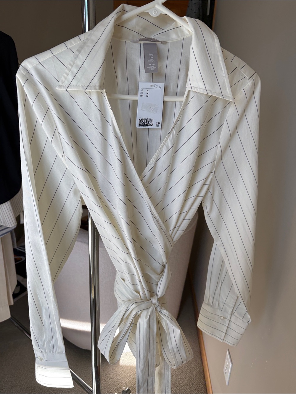 H&M Cream Cotton Wrap Blouse with Thin Black Pinstripes